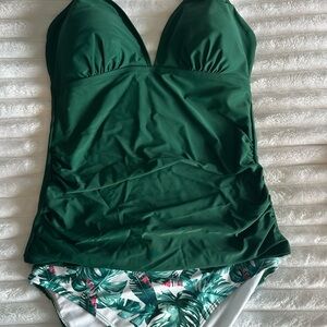 Green One-Piece Swimsuit with Tropical Print